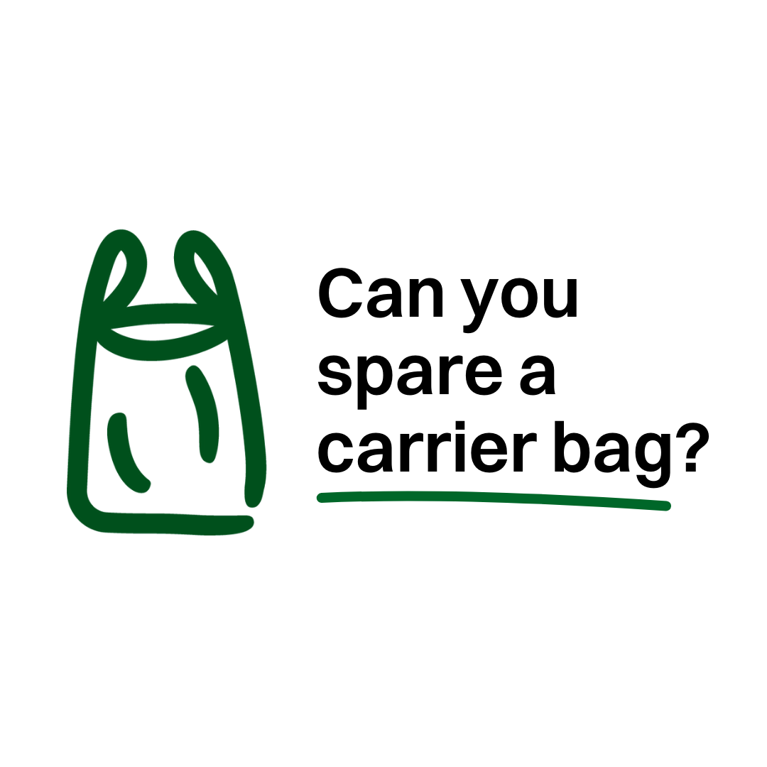 graphic of a carrier bag and text reading can you spare a carrier bag